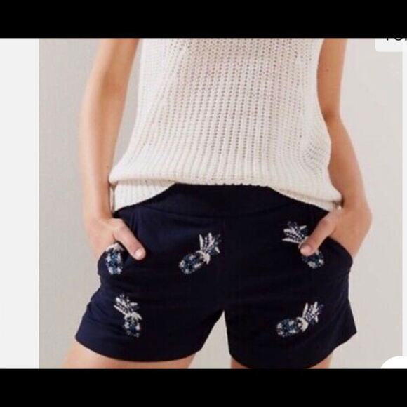 Loft Pineapple Embroidered Shorts ~ Forever Navy SZ 6 LOFT Shorts Navy Beaded - Picture 1 of 10